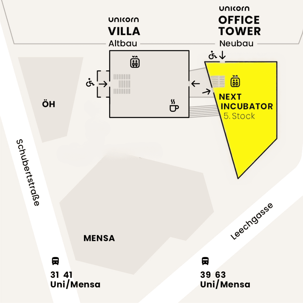 Drawing of a route map, next-incubator building is yellow