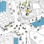 Drawing of a square in a city with many diverse people, various forms of mobility and elements of sustainable energy production