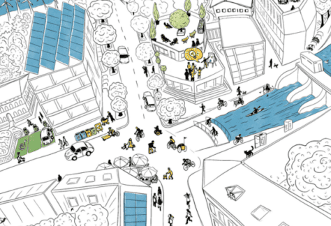 Zeichnung eines Platzes in einer Stadt mit vielen diversen Menschen, verschiedenste Mobilitätsformen und Elemente nachhaltiger Energieerzeugung