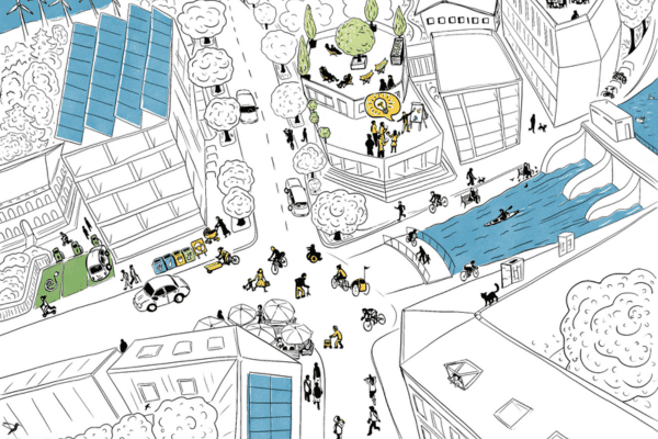 Drawing of a square in a city with many diverse people, various forms of mobility and elements of sustainable energy production